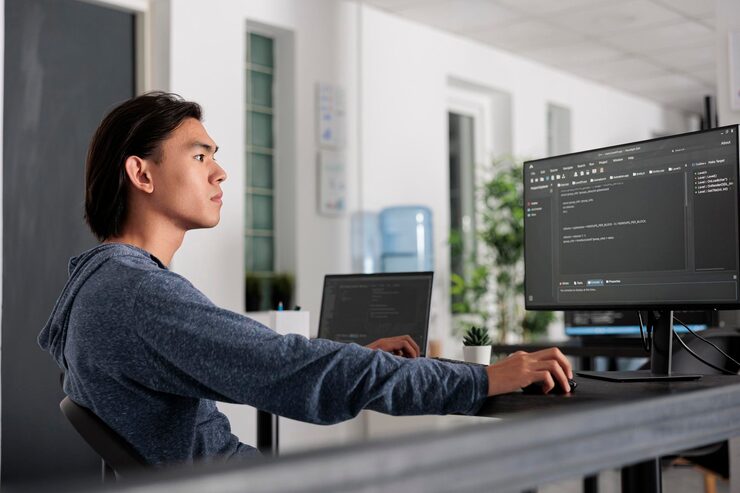 Photo it engineer using programming computer to write html code on terminal window, creating new web interface at desk table. coder working and parsing system algorithm in big data office, it server.