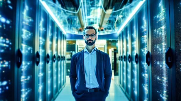 Photo it engineer walking through data center with rows of working rack servers