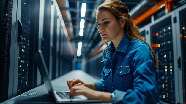 An IT engineer who is female is using a laptop at the data center space Generative AI