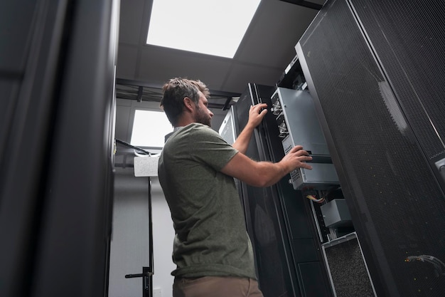 Foto ingegnere it che lavora nella sala server o nel data center. il tecnico mette in un rack un nuovo server di un supercomputer mainframe aziendale o una mining farm di criptovaluta.