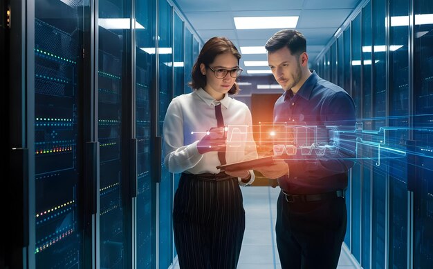 IT engineers and technicians discussing business problems and data connections in server room