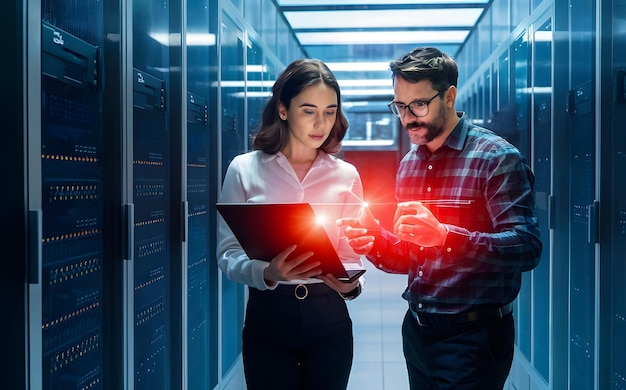 IT engineers and technicians discussing business problems and data connections in server room