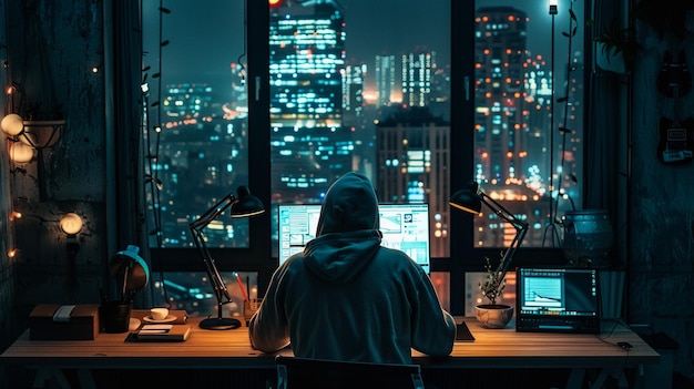 it fraud criminal hacking security system to steal big data doing cyberattack and ransomware coding virus to create malware and break into database servers using multiple monitors