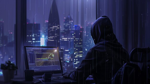 it fraud criminal hacking security system to steal big data doing cyberattack and ransomware coding virus to create malware and break into database servers using multiple monitors