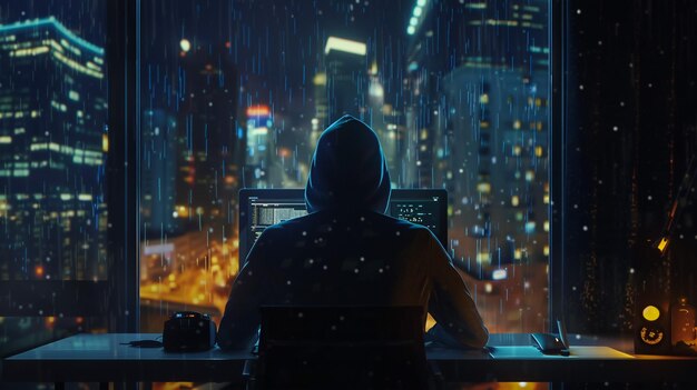 it fraud criminal hacking security system to steal big data doing cyberattack and ransomware coding virus to create malware and break into database servers using multiple monitors