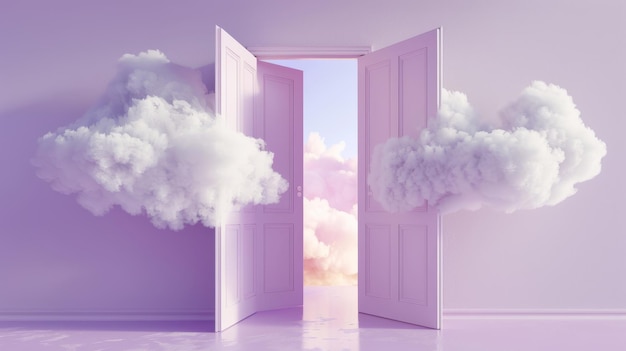 Фото Это 3d-рендеринг белого облака, скрытого за двойными дверями внутри светло-фиолетовой комнаты.
