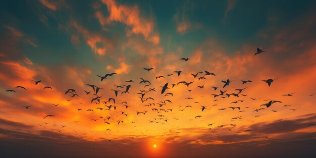 It is sunset and a flock of birds is flying across the orange sky abstract photography colorism