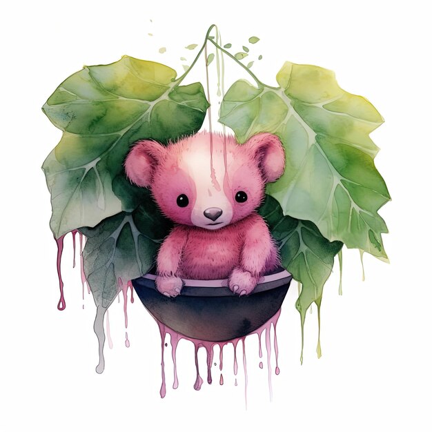 Photo it is a watercolor illustration of a pink bear in a leaf in the style of dark humor graphic prints