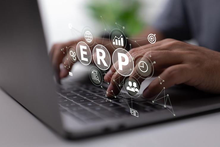 Photo an it manager looks at the architecture of erp enterprise resource planning erp enterprise resource planning concept of productivity and improvement