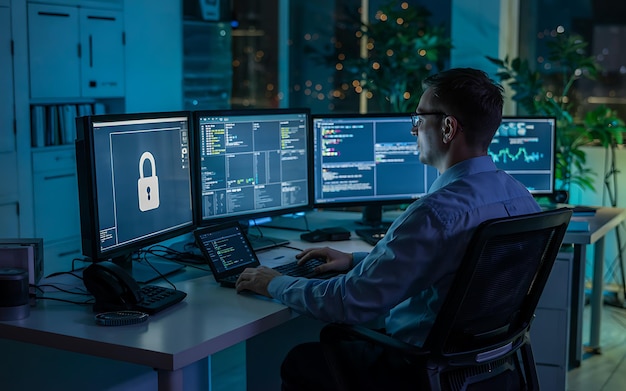 IT-professionals die werken aan cybersecurity in een donkere kantooromgeving