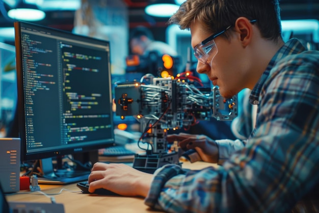 Photo it programmer coding arduino for robotic arm at tech center