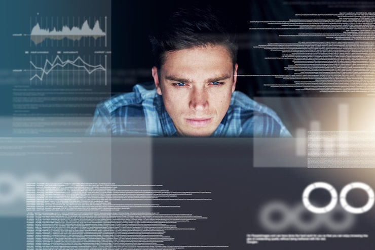 Photo it programmer and man with hologram data analysis or digital software with security analytics male person employee and coder with concentration holographic and coding with programming or info