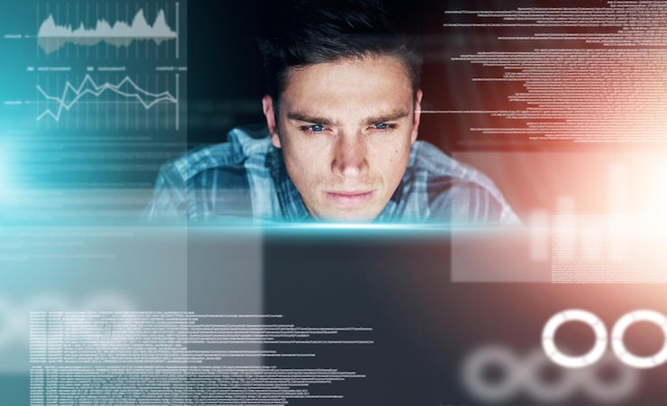 Photo it programmer and man with hologram data analysis or digital software with security analytics male person employee and coder with concentration holographic and coding with programming or info