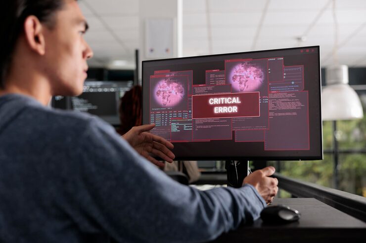 Photo it programmer reading system error message on computer monitor, trying to solve hacking alert problem. web developer having hacked server, working in it big data office room.
