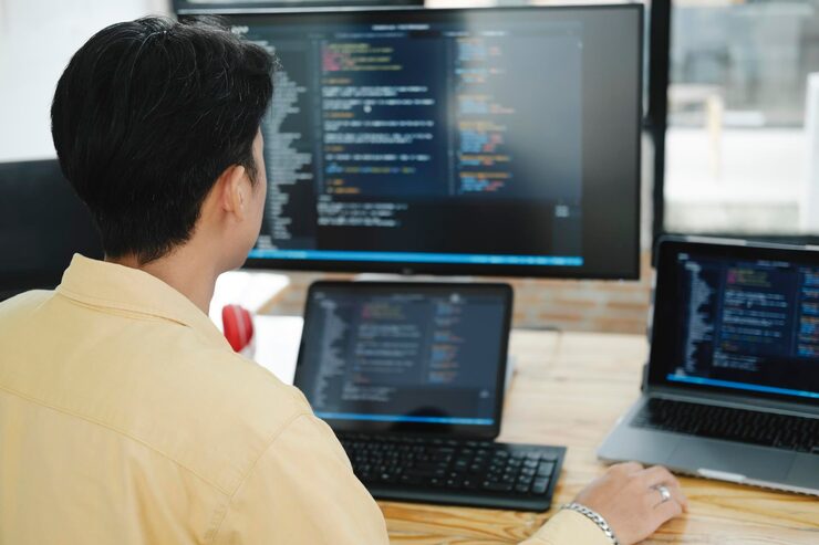 Photo it 프로그래머가 데스크톱 컴퓨터에서 작업을 시작합니다 웹 사이트 개발자 소프트웨어 엔지니어 코딩 프로그래밍 언어로 앱 비디오 게임 터미널 개발