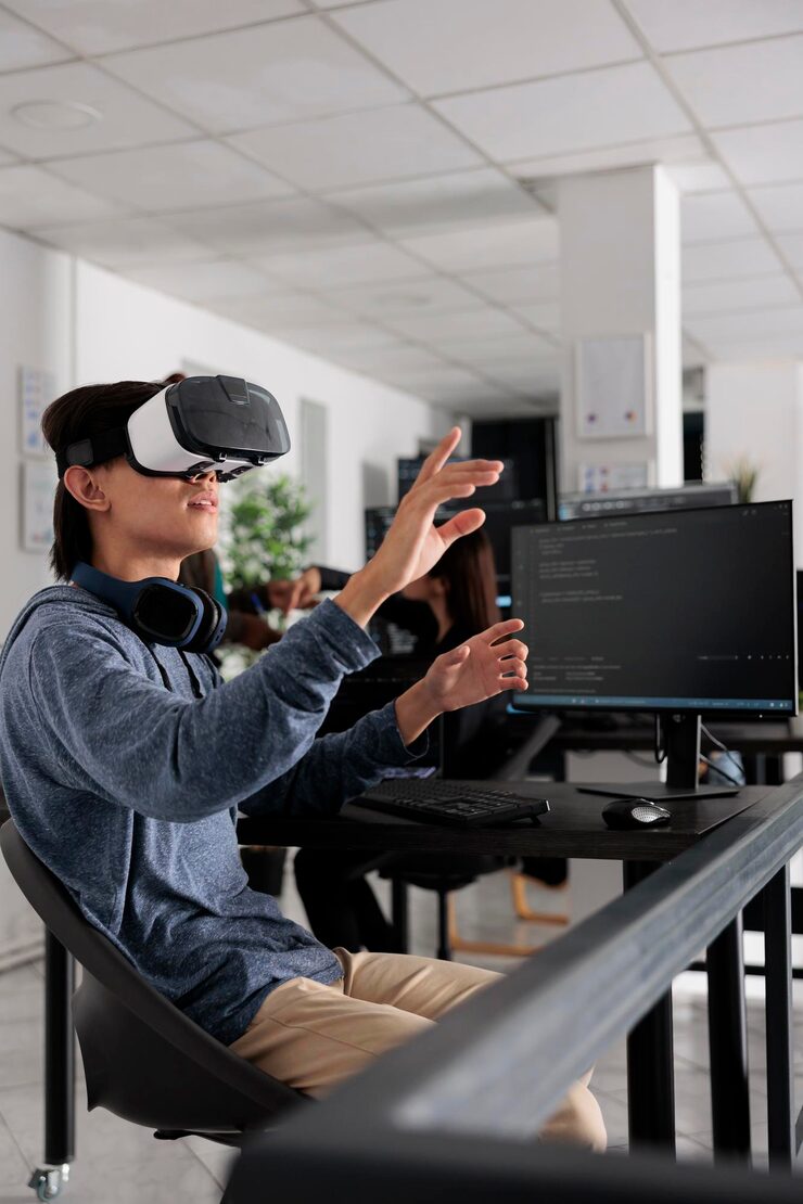 Photo it programmer wearing virtual reality headset to code new server interface, analyzing cloud information on terminal window. coder programming it database for internet software with vr goggles.