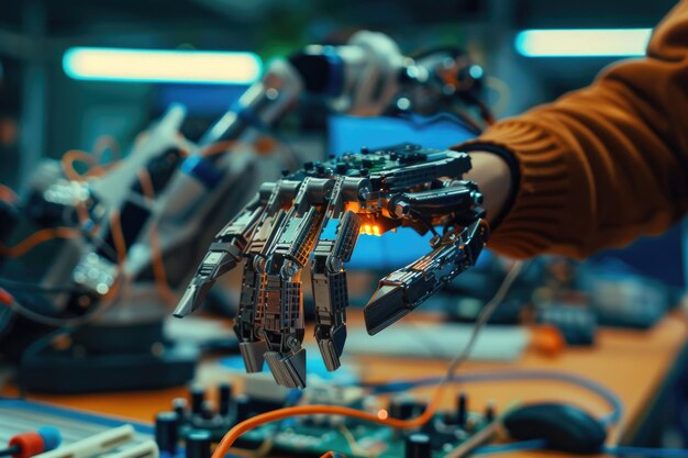 Foto it-programmeur codeert arduino voor robotarm in het techcentrum