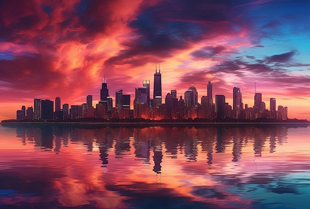 Photo it shows the city skyline over water in the style of richly colored skies