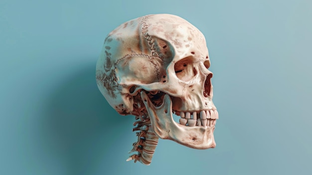 It shows part of the skull and the cranium The individual bones are colored according to their salient features The names of the cranial bones can also be seen