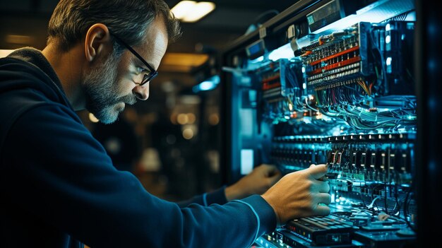 IT specialist uses a tablet while working in the network server room