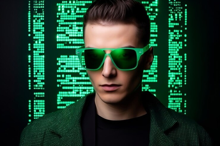 Photo it specialist with smart glasses and cyberspace green matrix generative ai