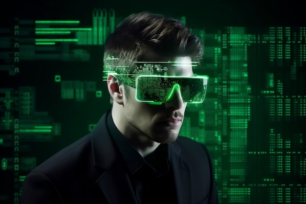 ИТ-специалист в умных очках и зеленой матрице киберпространства, генерирующей искусственный интеллект