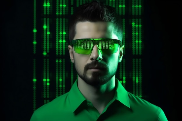 ИТ-специалист в умных очках и зеленой матрице киберпространства, генерирующей искусственный интеллект