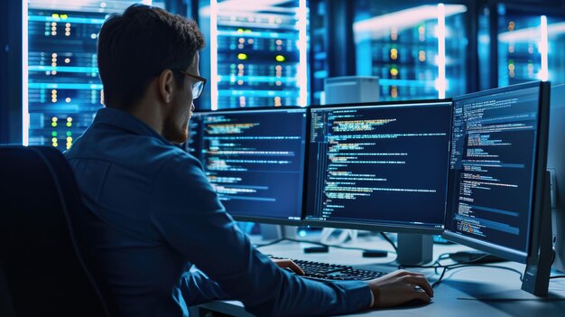 IT Specialist Works on Personal Computer with Screens Showing Software Program