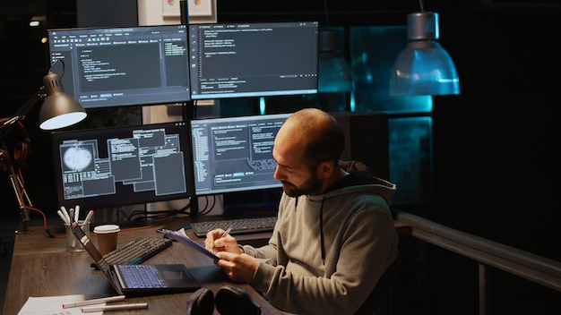 IT system engineer comparing data files on clipboard papers and multiple monitors to program new server interface. Developing html script on terminal window, coding database. Handheld shot.