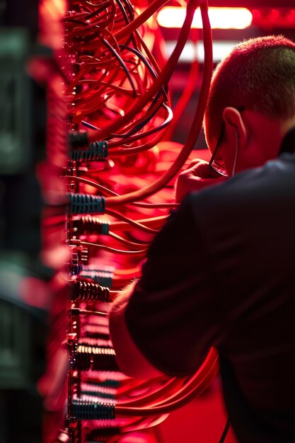 an IT technician is depicted working on network cables in an office environment red colors