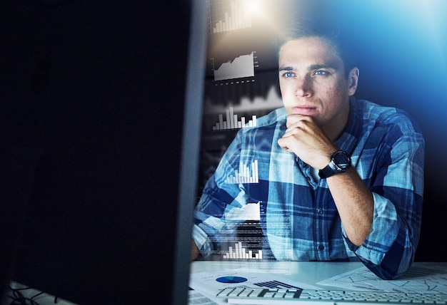 IT technician thinking and working on cyber data protection on a computer A programmer updates a newly installed program to avoid online hacking Young male software developer coding the database