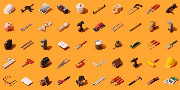 Do it yourself construction and home renovation background with isometric tools and objects