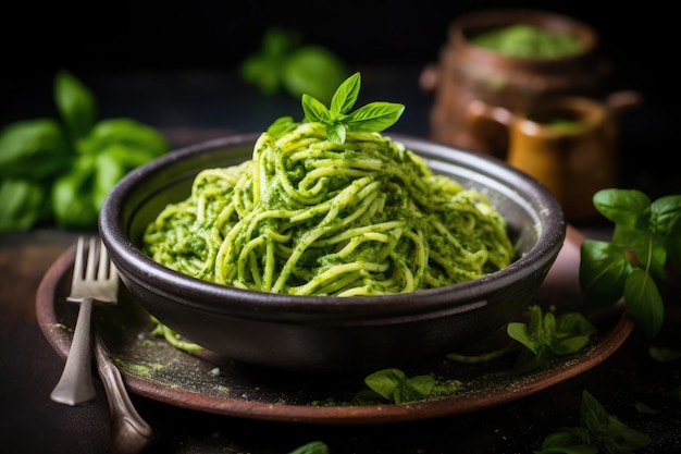 Italiaans bord met pesto macaroni op zwarte achtergrond