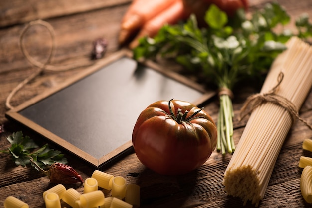 Italiaans eten koken ingrediënten. Pasta, groenten. Bovenaanzicht met kopieerruimte