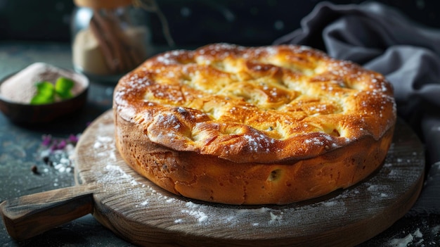 Foto italiaans focaccia brood met rozemarijn knoflook en tomaten