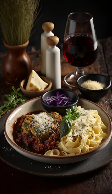 Italiaans Pasta Eten Met Bijgerechten. AI generatief.