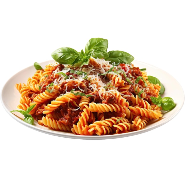 Italiaans pastagerecht met tomaten- en basilicumsaus geïsoleerd op een lege achtergrond