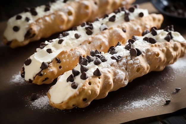 Foto italiaanse cannoli een blad van bladerdeeg met chocolade bedekt met chocoladeschilfers erop