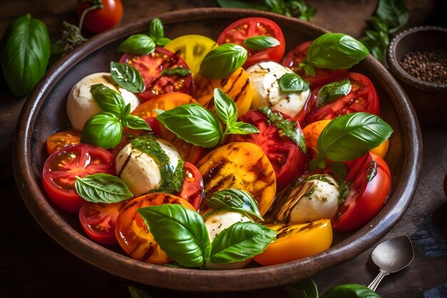 Italiaanse caprese salade met gesneden tomaten mozzarella kaas basilicum en olijfolie Neuraal netwerk AI gegenereerd