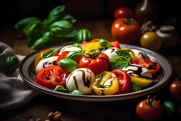 Italiaanse caprese salade met gesneden tomaten, mozzarella kaas, basilicum en olijfolie Neuraal netwerk AI gegenereerd