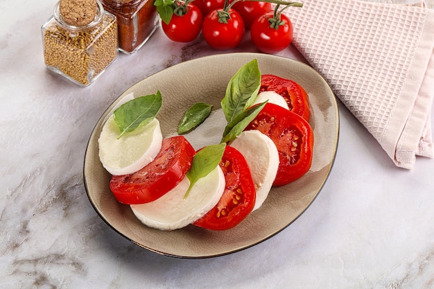 Italiaanse caprese salade met mozzarella tomaat en basilicum