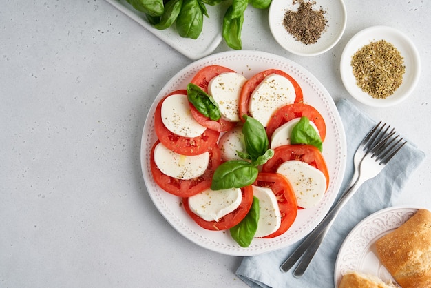 Italiaanse caprese salade met toast, heerlijk mediterraan voorgerecht kopieerruimte plat gelegd