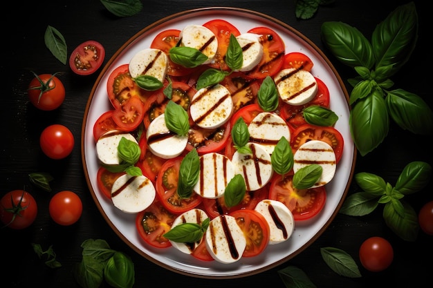 Italiaanse caprese salade op een wit vierkant bord met tomaten mozzarella en basilicum