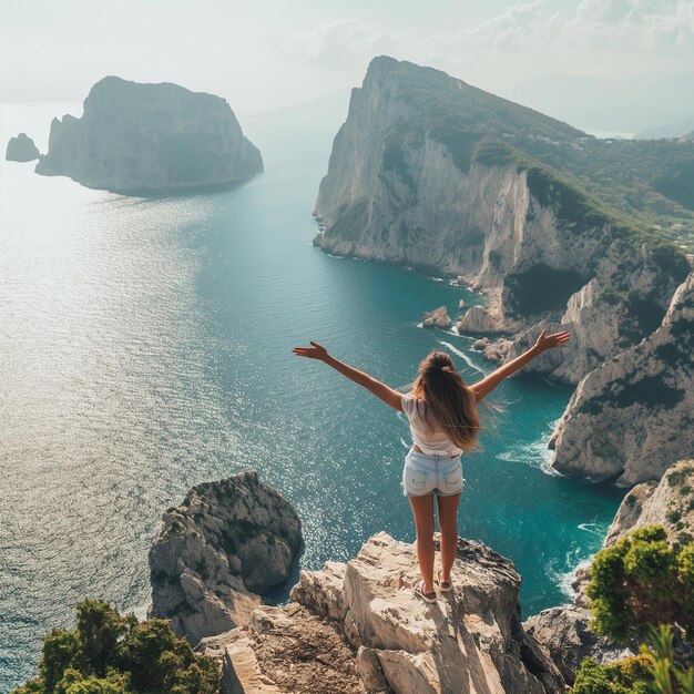 Foto italiaanse cliffside vrouw met uitzicht op de zee