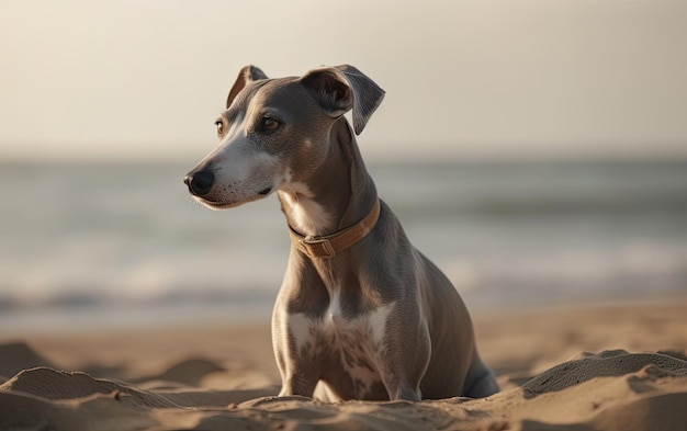 Italiaanse Greyhound hond zit op het strand professionele reclame post foto ai gegenereerd