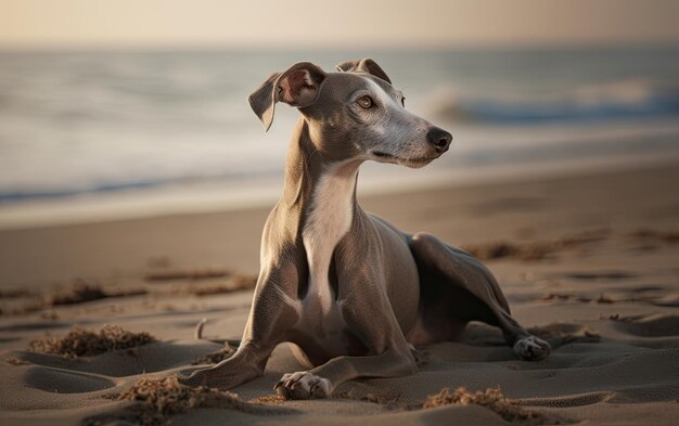 Italiaanse Greyhound hond zit op het strand professionele reclame post foto ai gegenereerd