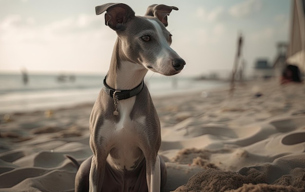 Italiaanse Greyhound hond zit op het strand professionele reclame post foto ai gegenereerd