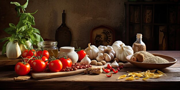 Foto italiaanse ingrediënten op een oude houten tafel