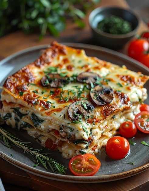 Italiaanse keuken lasagne met paddenstoelen spinazie tomaten en kaas op bord