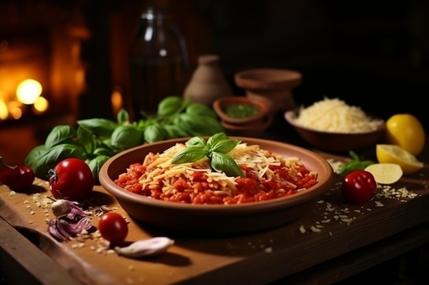 Italiaanse keuken Voedselingrediënten pasta tomaten basilicum en specerijen